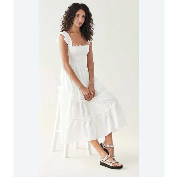 O.P.T Dresses & Skirts - O.P.T Lazy Afternoon Dress White Maxi Medium Smocked Cotton Lined Puff Sleeve